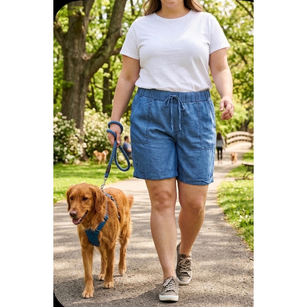 NWT Dex Blue Elastic Waist Drawstring Patch Pockets Chambray Shorts 1X